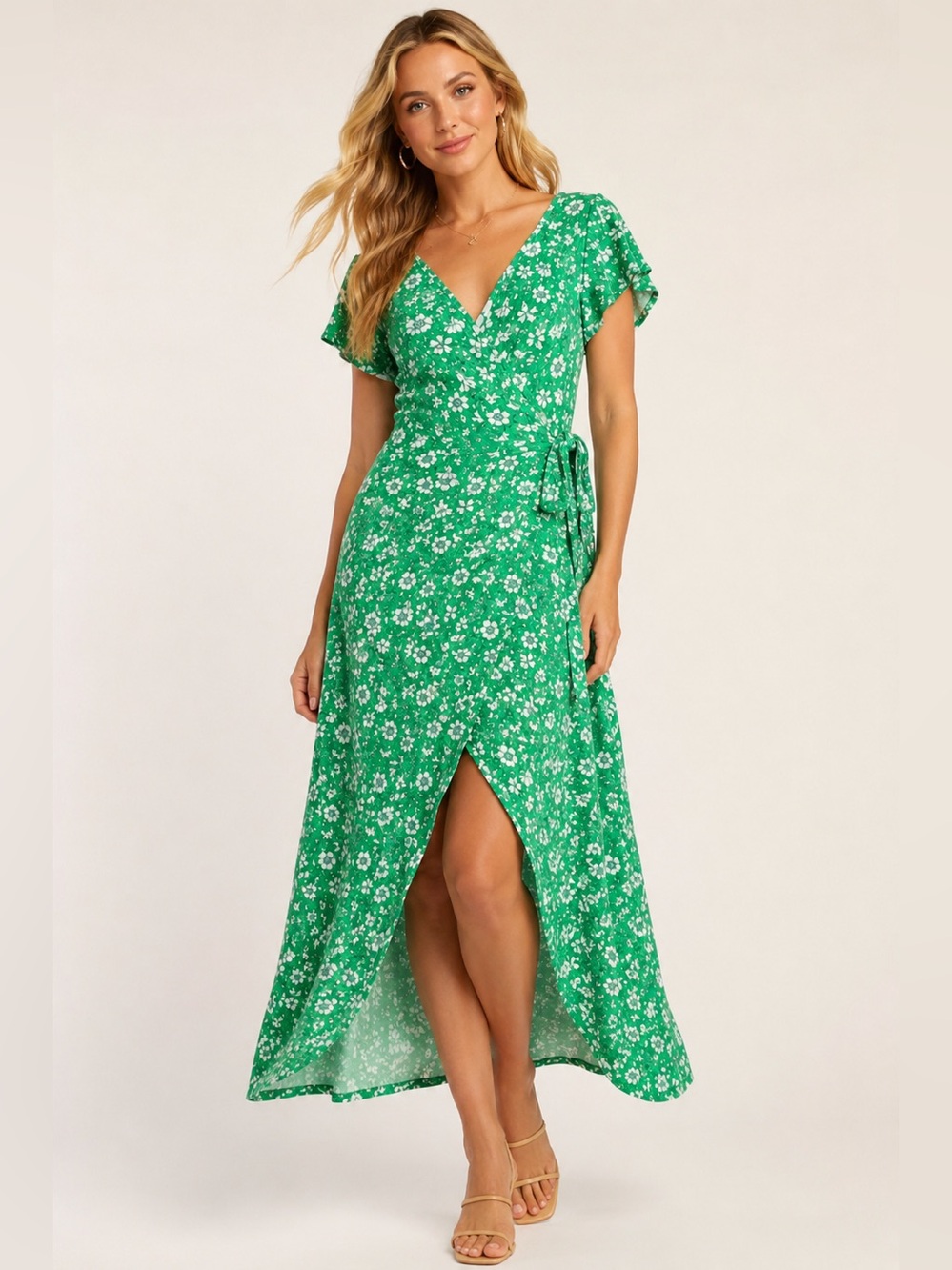 Jessica Simpson Green Floral Ribbed Wrap Maxi Dress Size Small